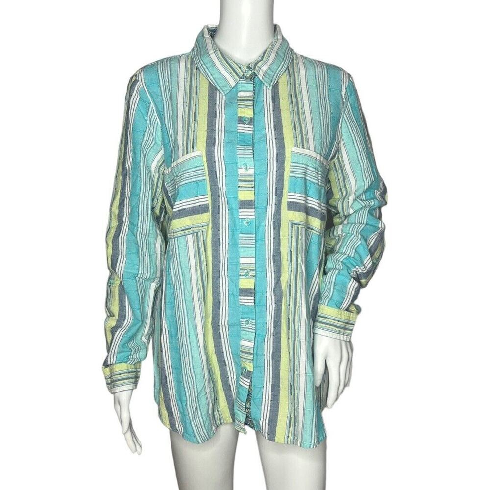 Appleseeds Shirt Womens Large Blue Green White Striped Button Up Blouse Casual